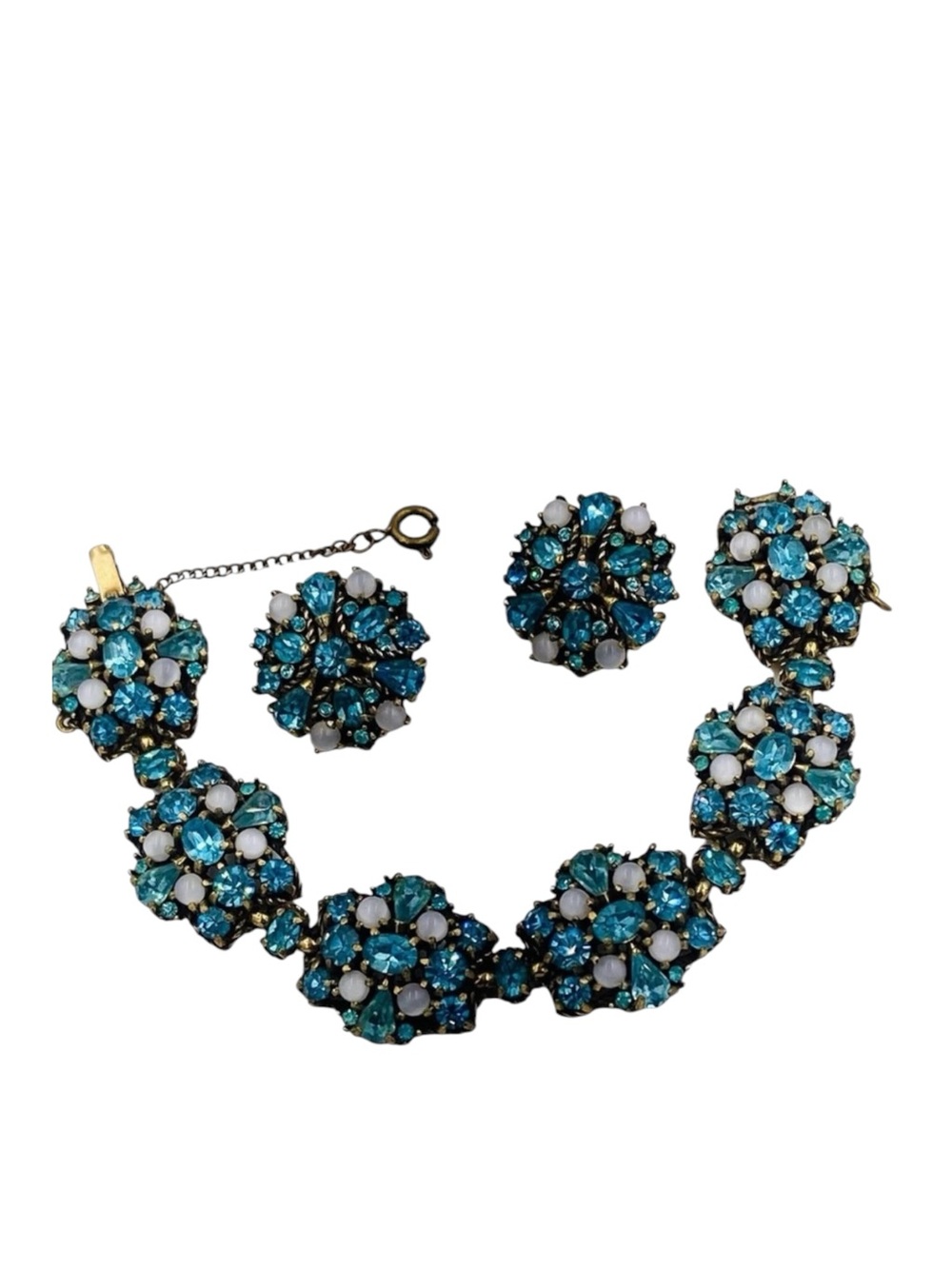 Vintage 1950 Hollycraft Aqua Rhinestone Bracelet Earring Demi Set